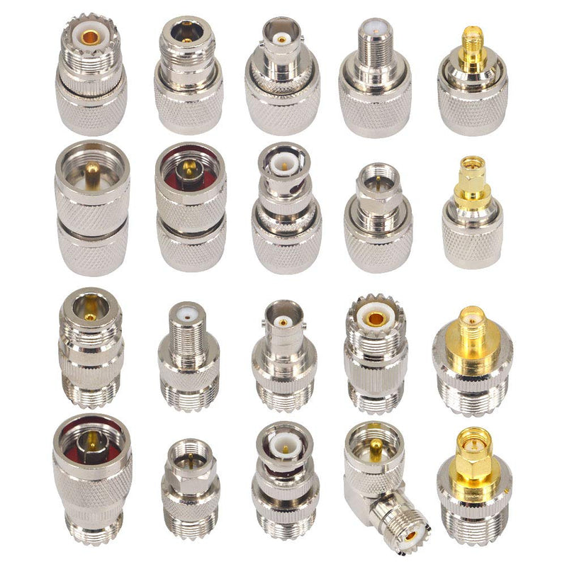 Boobrie 20PCS RF Coaxial Connector Kit UHF Adapter Set UHF Connector Kit SO239 PL259 UHF to SMA/UHF to BNC/UHF to N/UHF to F Adapter Female to Female Coaxial Connector Male to Female Coax Adapters