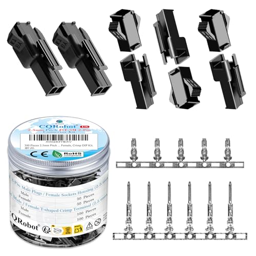 CQRobot JST SM 2.5mm Pitch 2-Pin Electrical Connector Adapter | Connector Strip Socket Housing Crimp Contacts Male/Female Wire to Wire Adapter Cable Assembly 50 Sets/300 Pieces 2P Black