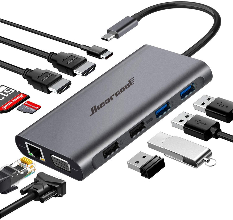 Hiearcool USB C Hub, USB-C Laptop Docking Station, 11IN1 Triple Display Type C Adapter Compatible for Dell Hp Lenovo Windows (2HDMI VGA PD3.0 SD TF Card Reader Gigabit Ethernet 4USB Ports) Space Grey