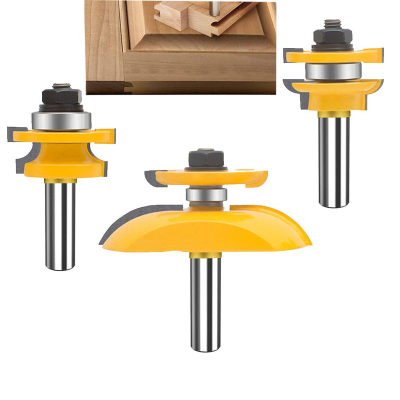 OLETBE 3 PCS Router Bit Set, 1/2-Inch Shank Round Over Cove Raised Panel Cabinet Door Rail and Stile Router Bits, Woodworking Wood Cutter, Wood Carbide Groove Tongue Migue Milling Tool(T-VB1) T-VB1