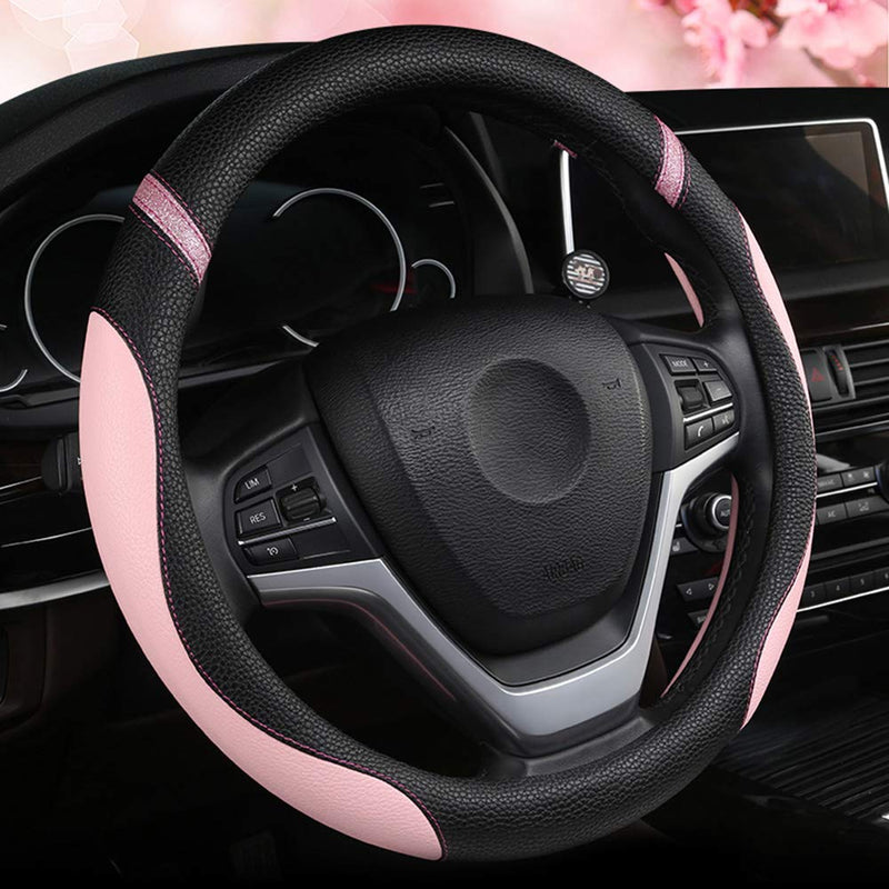 Cxtiy Steering Wheel Cover for Women Leather Universal Steering Wheel Covers for Car 15 inch (Pink) Pink