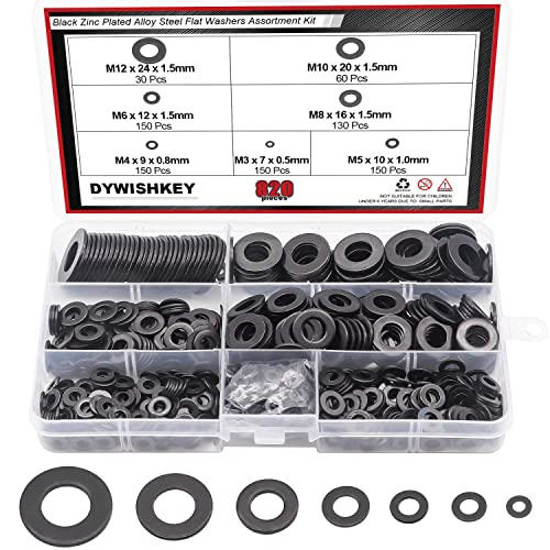 DYWISHKEY 820Pieces 7 Sizes Black Zinc Plated Steel Flat Washers Assortment Kit (M3 M4 M5 M6 M8 M10 M12)