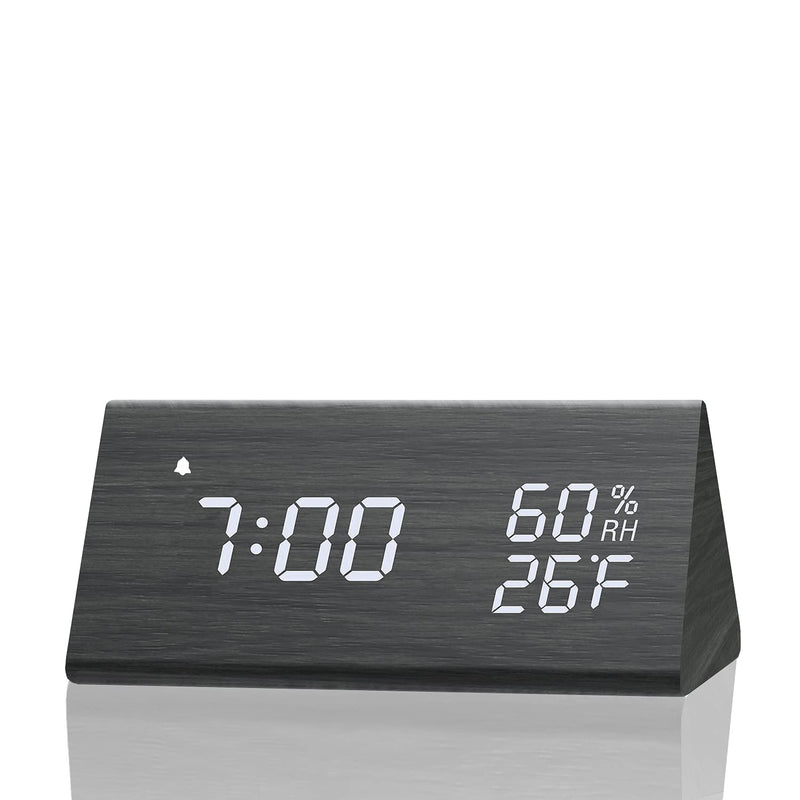 Digital Alarm Clock, with Wooden Electronic LED Time Display, 3 Alarm Settings, Humidity & Temperature Detect, Wood Made Electric Clocks for Bedroom, Bedside… (Black) Black