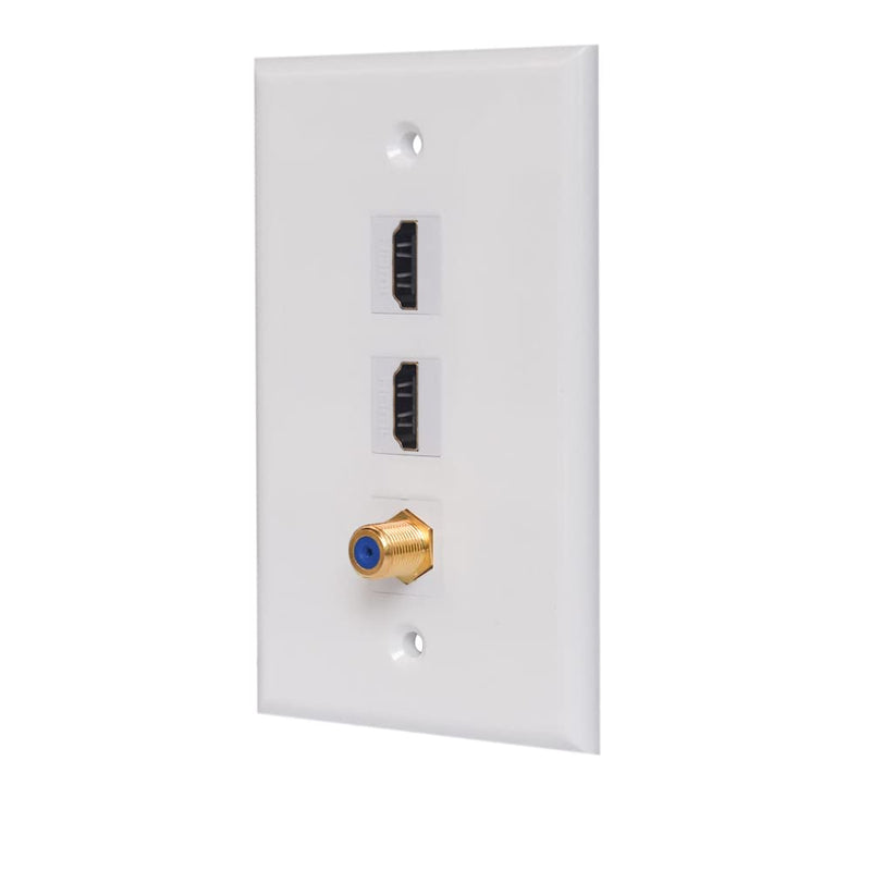 ESYLink 2 HDMI 1 Coax Wall Plate Female to Female - 2 Port 4K HDMI 2.0 Keystone +1 Port 3GHz Coax Cable TV Gold-Plated F-Type Faceplate - White 2HDMI+1F