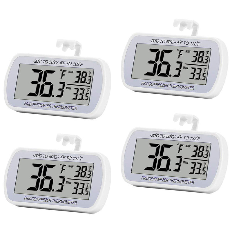 4 Pack Digital Refrigerator Thermometer Fridge Freezer Room Thermometer Waterproof Large LCD Display Max/Min Record Function, White 4