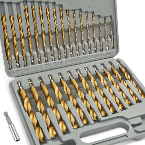 COMOWARE Titanium Impact Drill Bit Set 30Pcs Hex Shank HSS, 1/16"-1/2"