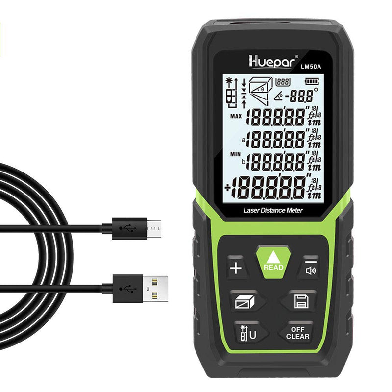 Digital Laser Tape Measure 4-in-1, HUEPAR ±1/16" Laser Measure with Dual HD Display, 200Ft Rechargeable Laser Measurement&33Ft Green Cross Line Laser&10Ft Tape, for Area/Volume/Pythagorean/Leveling LM50A