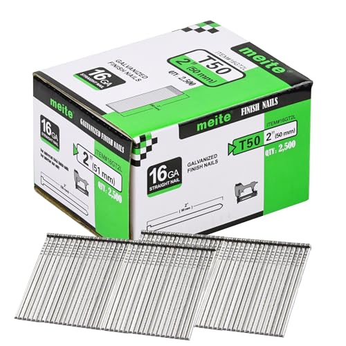 meite 16 Gauge Finish Nails 2 Inch Galvanized Straight T-Nails 2,500 PCS 1 Box 2" Length