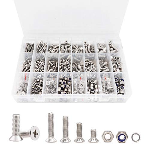1020pcs M3 M4 M5 M6 Flat Phillips Countersunk Head Machine Screws Bolts Nuts Washers Assortment Kit, 304 Stainless Steel, Silver Tone M3 M4 M5 M6 1020pcs (Countersunk Head-304)