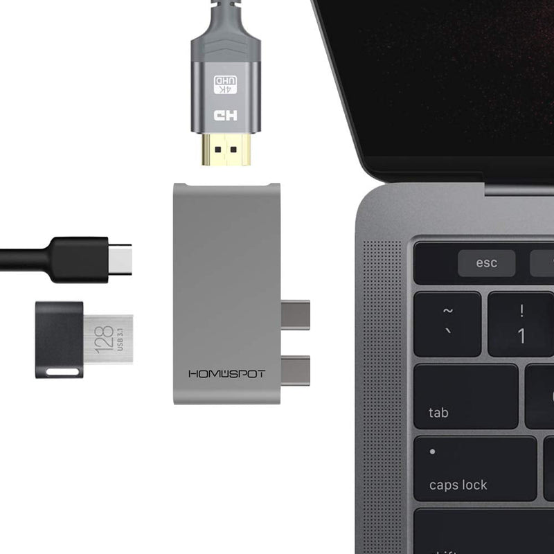 HomeSpot 3-in-1 USB Type-C Hub with HDMI 4K Video Output & USB 3.0 Port Ultra Slim for MacBook Pro MacBook Air with Case on - Grey Mini USB C Hub - Grey