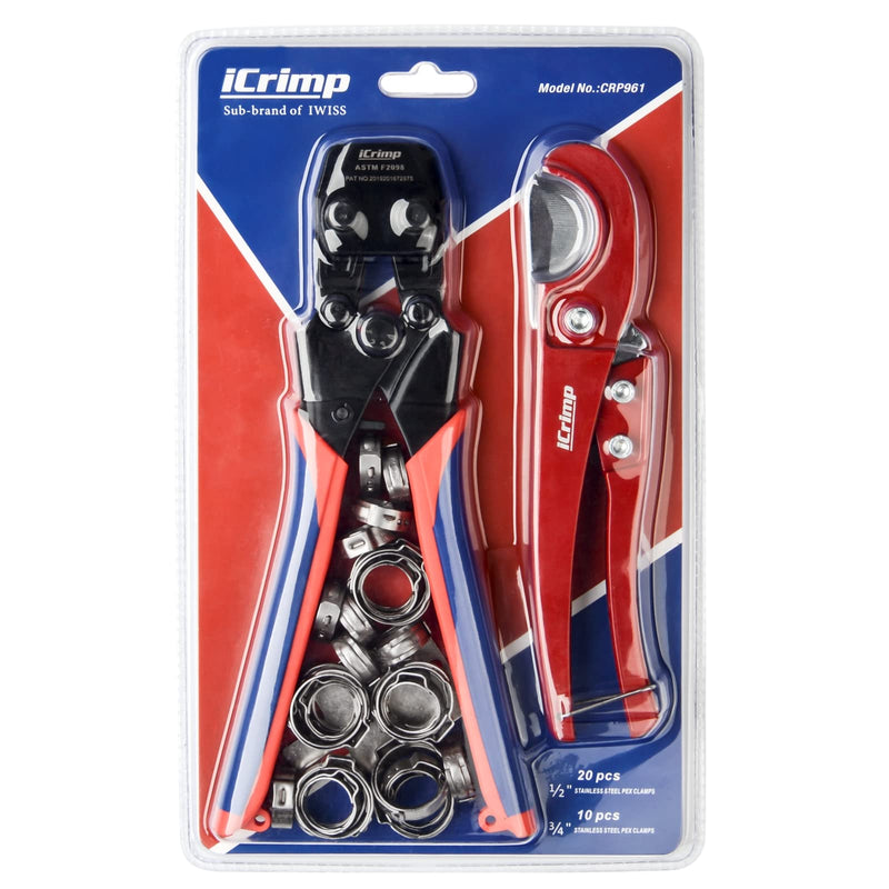 iCrimp PEX Pipe Quick Cinch Tool Set for Stainless Steel Clamp from 3/8-inch to 1-inch with Pex Cutter, 20pcs 1/2-inch and 10pcs 3/4-inch Stainless Steel Clamps included CRP961