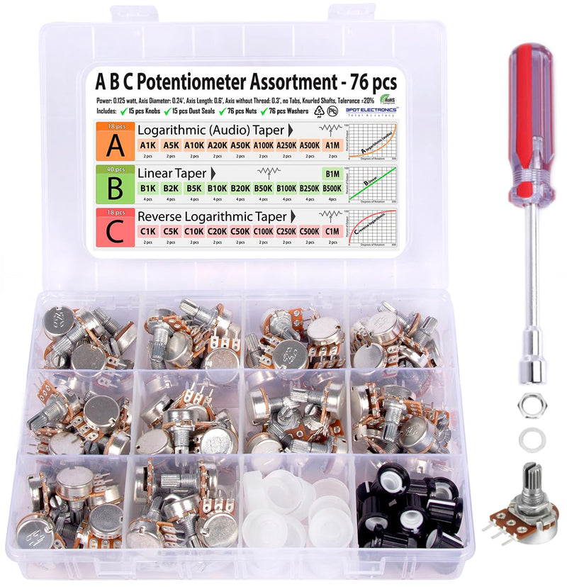 76 pcs A B C, Logarithmic, Linear, Reverse Log. 1K, 2K, 5K, 10K, 20K, 50K, 100K, 250K, 500K, 1M Potentiometer Pot Assortment