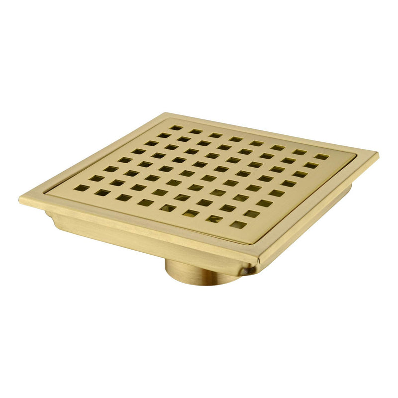 Square Shower Floor Drain with Removable Cover Grid Grate 6 inch Long, SUS 304 Stainless Steel Brushed Gold Brass Finished