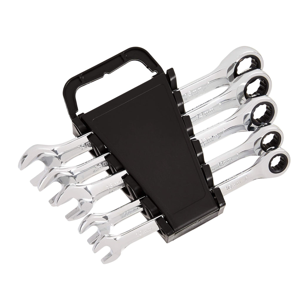 Amazon Basics Ratcheting Wrench Set, Metric, 5 Piece, Black/Silver