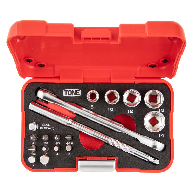 TONE Socket Wrench Bit Set MIX21620P 1/4" Inch Drive & 1/4" Hex Shank Bit Red 18-Piece Plastic case