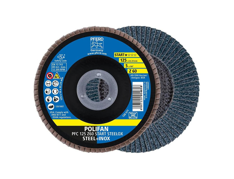 Pferde Tools Polifan Z-Box - 10 x Serrated Washers 125 mm, Z60, 22.23 mm Bore, 69300935 - for High Cutting Performance and Solid Service Life on Steel and Stainless Steel (INOX), Blue Zirconia corundum 60