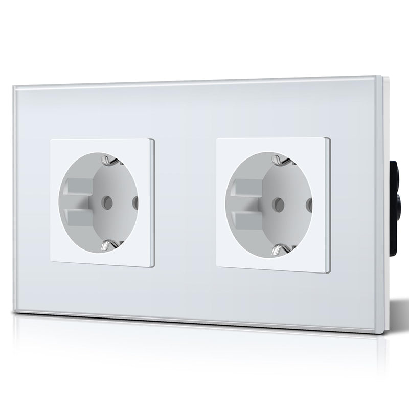 BSEED Schuko 2-Way Socket, EU Standard, Double Socket, Wall Outlet, Crystal Glass Plate, 16 Amps, 250V, Extension Sockets, 157 mm, White 2 outlets