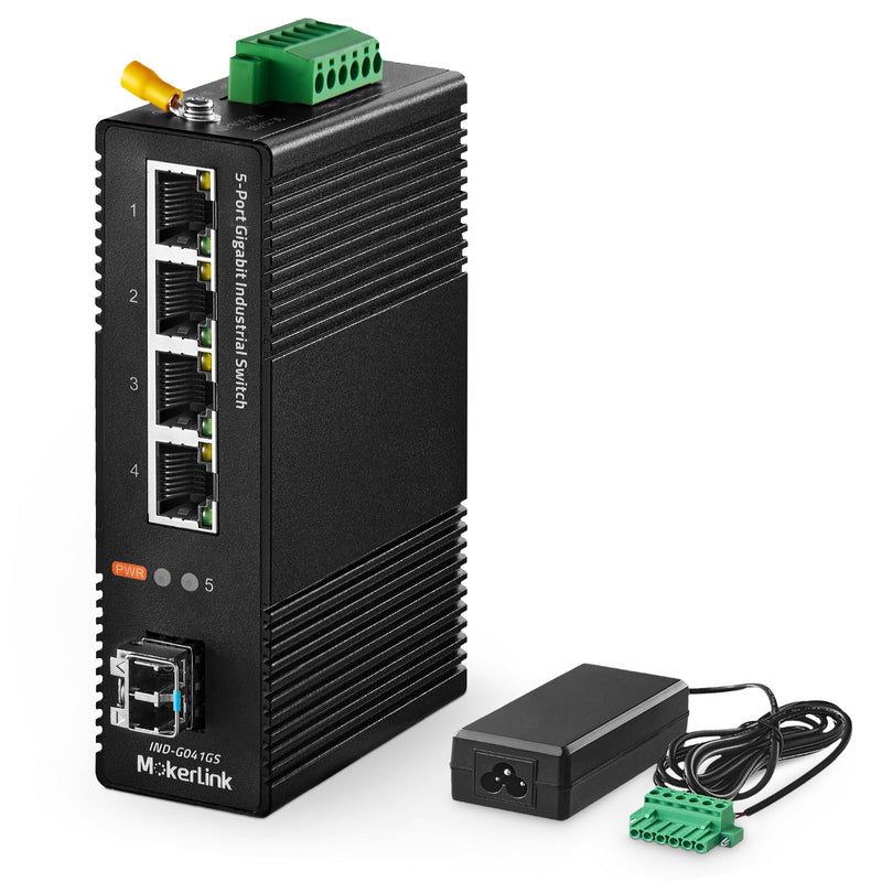 MokerLink 5 Port Industrial DIN-Rail Network Switch, 4 Gigabit Ethernet, 1 SFP, 14Gbps Switching Capacity, IP40 Rated (-40 to 185F), With UL Power Supply 4*1G, 1SFP