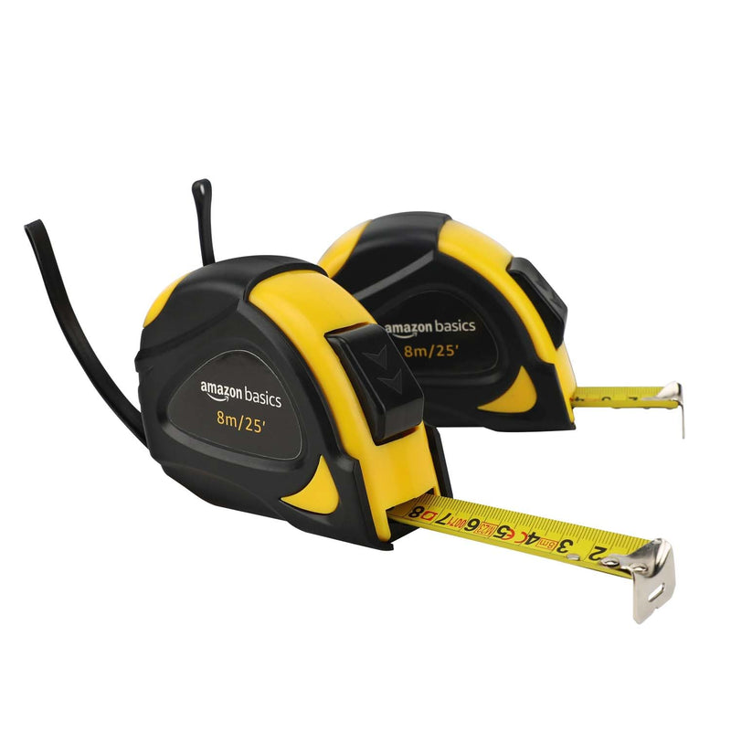 Amazon Basics Self-Locking Tape Measure, 25ft (8-meters), Accurate Dual Scale inch/metric, MID Accuracy, Extendable, 2-Pack, Yellow 7.6 m