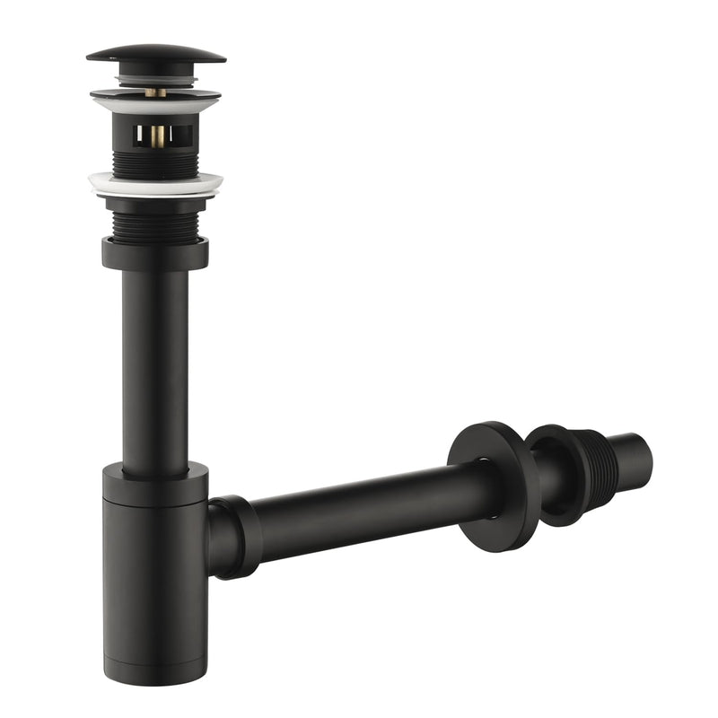 Bathroom Sink Stopper P-Trap Complete Set Adjustable Bottle Trap Solid Brass Sink Drain Kit Tube and Pop Up Drain Stopper Set with Overflow, Matte Black T02-Set w/ Overflow 02#matte Black