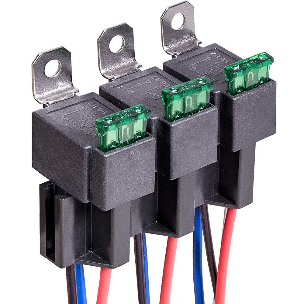 12V Fuse Relay Switch Harness Set - 30A ATO/ATC Blade Fuse, 4-Pin SPST Automotive Electrical Relays with Heavy Duty 12 AWG Wires (Pack of 3) 12V-4pin(fuse)