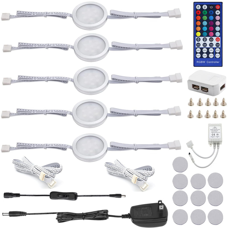 AIBOO 24V Color Changing LED Puck Lights Dimmable, Multicolor Under Cabinet Lighting Linkable with Remote for Counter, Cupboard, Showcase, Display (RGBW, 5 Packs) RGBW