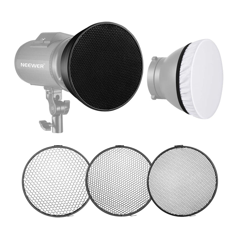 Neewer Standard Reflector 7 inches/18 Centimeters Soft Diffuser with 20/40/60 Degree Honeycomb Grid for Bowens Mount Studio Flash Strobe Light Monolight 20/40/60 Degree+diffuser