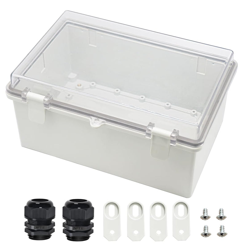 Zulkit Junction Box ABS Plastic Dustproof Waterproof IP65 Electrical Boxes Hinged Shell Outdoor Universal Project Enclosure Clear Cover with 2 Cable Glands 11.4 x 7.5 x 5.5 inch(290x190x140mm) 11.42" x 7.48" x 5.51"