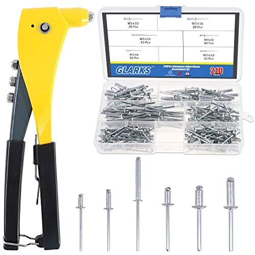 GLARKS Heavy Duty Riveter Set, 210Pcs Aluminum Blind Rivets Assortment Kit and a Professional Pop Rivet Gun for Sheet Metal, Automotive, Railway, and Duct Work (Rivet Gun with Rivets Set) Rivet Gun with Rivets Set