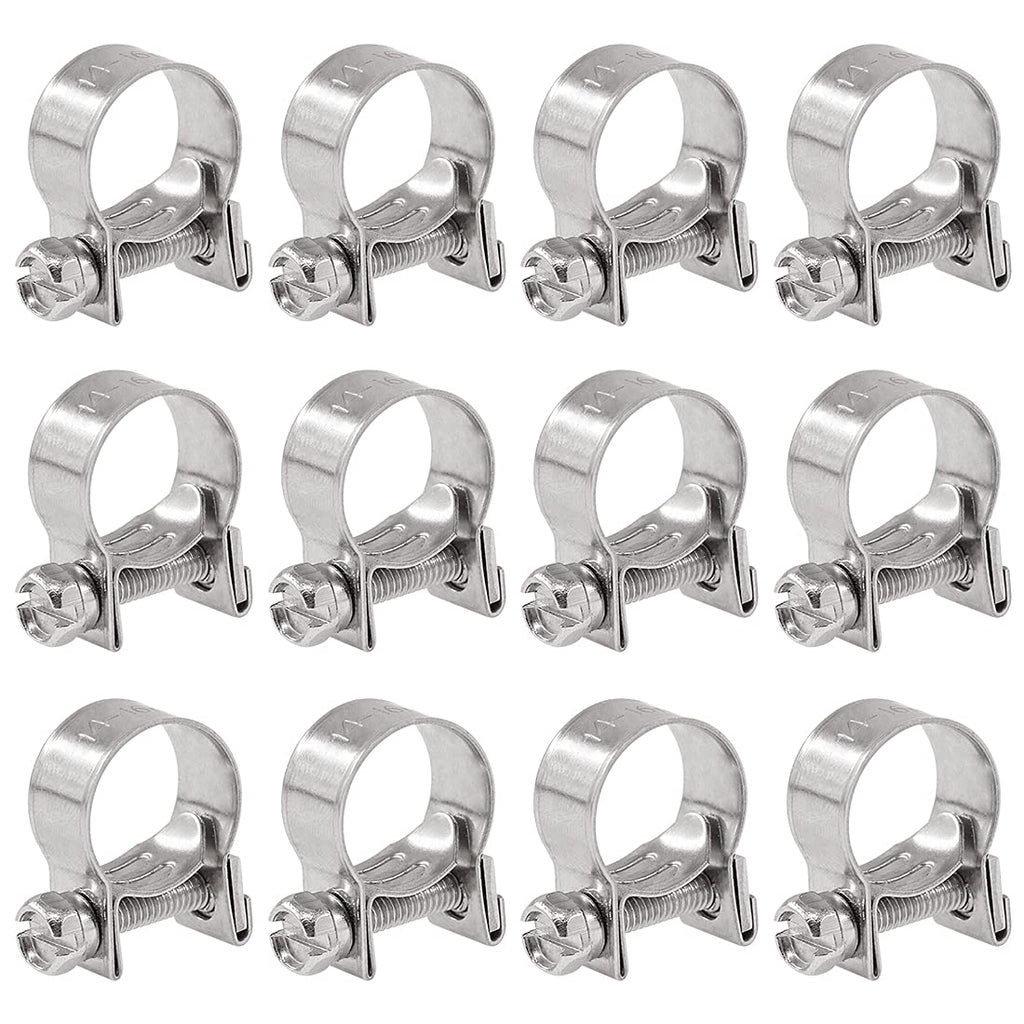 Glarks 12Pack 14-16mm Stainless Steel Mini Fuel Injection Hose Clamps Adjustable Pipe Hose Clip Tube Clamps Set (9/16''-5/8'' Dia)