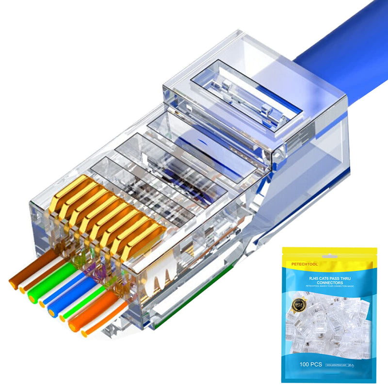 PETECHTOOL RJ45 Cat6 Cat5 Connectors Ends Gold Plated 8P8C Ethernet Pass Through Plug (100Pack) 100pieces