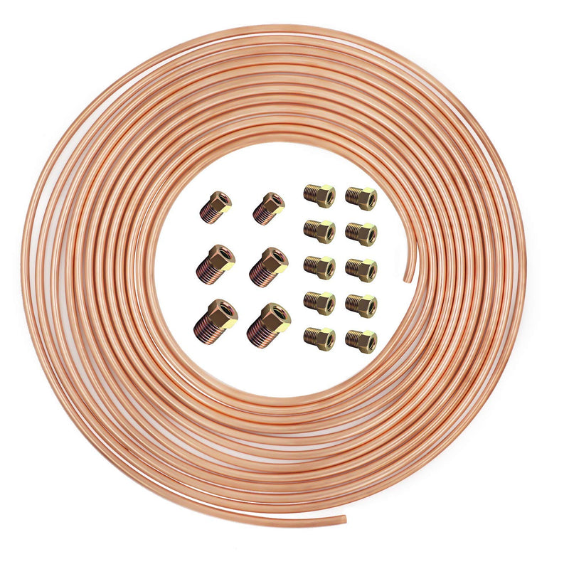 25 ft 3/16 Copper Coated Brake Line Kit Complete Replacement Brake or Fuel Tubing (Includes 16 Fittings), Easy to hand bend (.028) Wall Thickness, SAE Thread, Rust Proof 1 Kit, 3/16 × 25FT