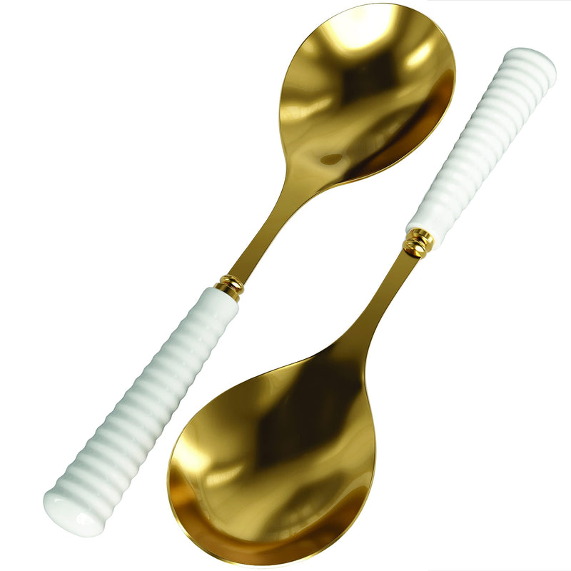 Portmeirion Sophie Conran Salad Servers 10-Inch - Set of 2, Gold Metal Spoons with Fine Porcelain Ripple Handles, Elegant Cutlery for Serving Salads & Dining Presentation