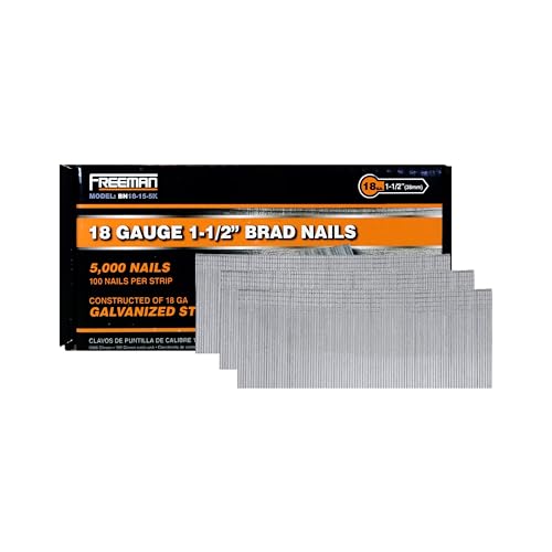 Freeman 18-Gauge Brad Nails, 1-1/2 Inch, Glue Collated Galvanized, 5000 Count – For Trim, Molding and Baseboards, Fits Most 18-Gauge Pneumatic, Electric Brad Nailers – BN18-15-5K 18-Gauge 1-1/2"