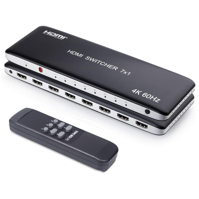 Univivi 7 Port HDMI Switch Version 2.0 4K@60Hz HDMI Switcher Support HDR & HDCP 2.2, Full HD/3D with IR Wireless Remote Control and Power Adapter HDMI 2.0 Switch - 7 port Black