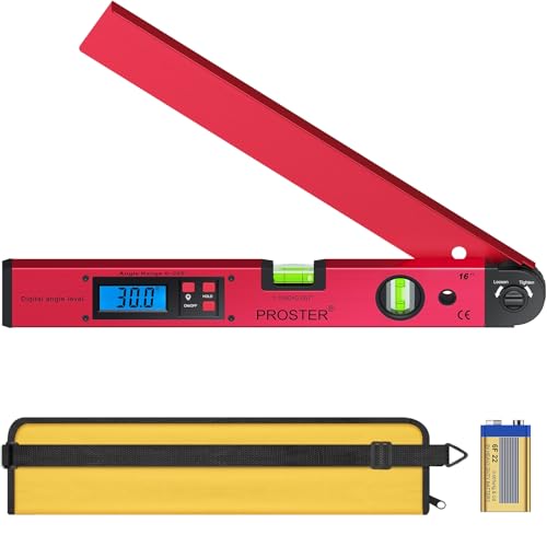 Proster Digital Protractor 0-225° Digital Protractor with Spirit Level and LCD Lighting 400 mm / 16 Inch Protractor with Battery and Bag for Roofing Technology - Red