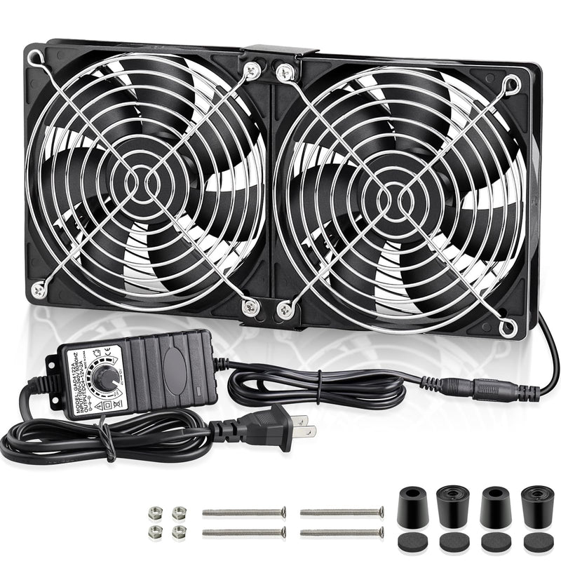 GDSTIME Big Airflow Dual 120mm Fans, 2x120mm 240mm Computer Fan with AC Plug, 110V 120V 220V 240V AC Powered with Variable Speed Controller 4V to 12V for Server Rack Cabinet Workstation Cooling 2* 120x120x25mm fan