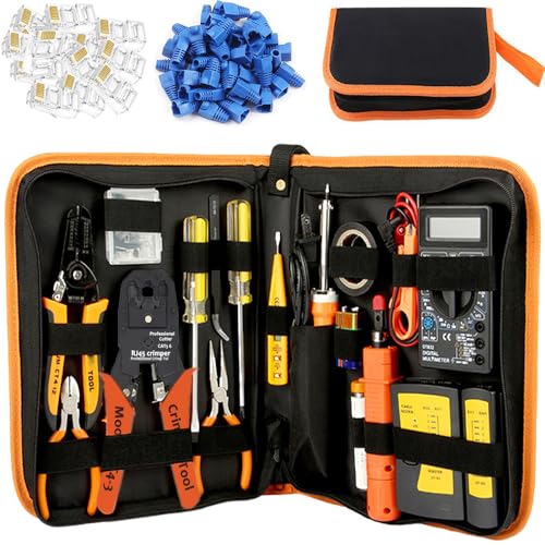 LEATBUY Network Crimp Tool Kit for RJ45/RJ11/RJ12/CAT5/CAT6/Cat5e/8P, Professional Crimper Connector Stripper Cutter, Computer Maintenance Lan Cable Pliers Tester Soldering Iron Set(Orange) Orange