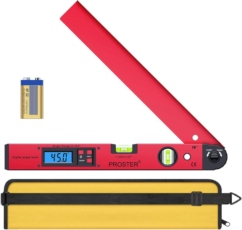 Proster Digital Angle Finder Gauge - 0~225° Angle Gauge LCD Digital Protractor Spirit Level Meter for Carpenter Woodworking Home Decoration Red