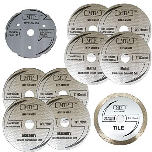 MTP Brand Pack of 10 Assort 3" Wood Plastic Metal Masonry Cutting Wheel Compatible to use for SM510C sm520 sm500 sm540 Saw Max 2522 3" Cut-Off - 7/16" Arbor 3" x 7/16