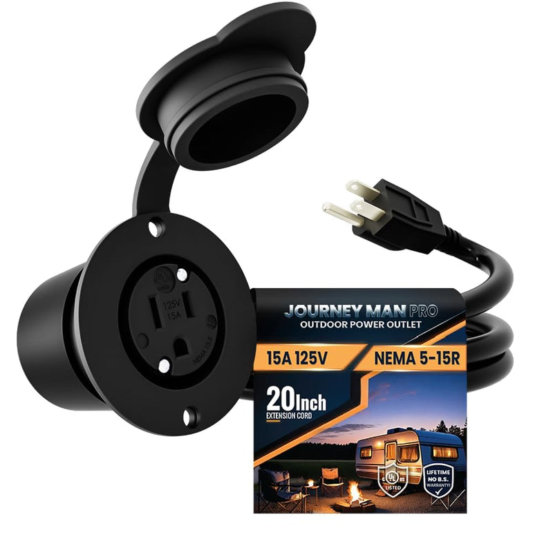 Journeyman-Pro Outdoor Waterproof Outlet, 15 Amp 125 Volt NEMA 5-15R Panel Mount Outlet, Exterior Electrical Outlet Kit with 20-Inch Extension Cord & Outdoor Weatherproof Rubber Cover (GCR1-BLACK) GCR1-BLACK