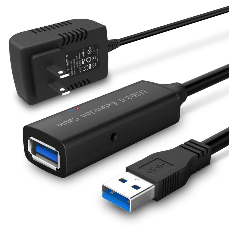 RSHTECH USB 3.0 Active Extension Cable 32 Feet with 5V 2A Power Adapter, USB 3.0 Extender Male to Female Cord with Built-in Signal Booster Chips for Xbox, PS4, USB Printer, Mouse, Keyboard, etc 32ft/10M+5V 2APower adapter