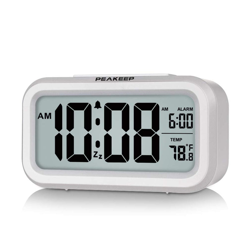 Peakeep Smart Night Light Digital Alarm Clock with Indoor Temperature, Battery Operated Desk Small Clock (White) White