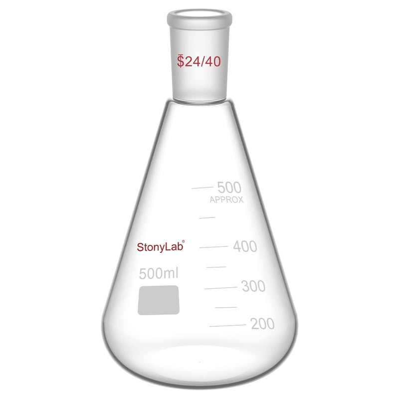 StonyLab Glass 24/40 Erlenmeyer Flask, Borosilicate Glass Heavy Wall Flask with 24/40 Standard Taper Outer Joint, 500ml 500 ml