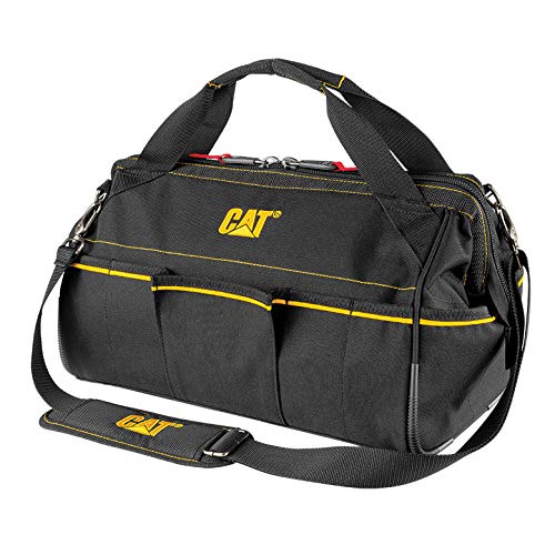 CAT 16-Inch Pro Wide Mouth Tool Bag, 14 Pockets for Tool Storage and Organization, Premium 1680D Water-Resistant Polyester Weave, Adjustable Shoulder Strap - 980206N 16 Inch