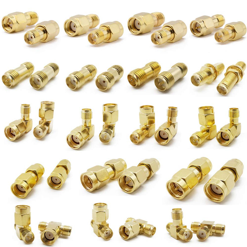 SMA Connectors kit 18 Type SMA RP-SMA Adapter Plug and Jack Straight and 90° SMA Connector Goldplated Brass RF Coax Connectivity Set for FPV Antennas Radio Baofeng Yaesu IP Camera Project