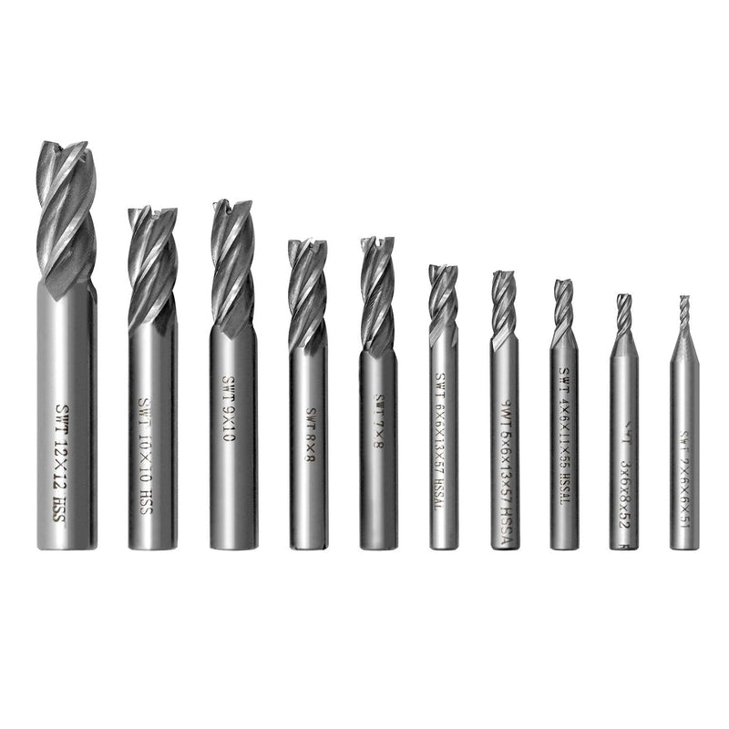 QWORK® 2-12 mm End Mill with 4 Flutes Drill Bits Cutter Metal Cutter Drill Bits Sets for Wood, Aluminum, Steel, Titanium, CNC Milling, 10 Pieces 2, 3, 4, 5, 6, 7, 8, 9, 10, 12 mm