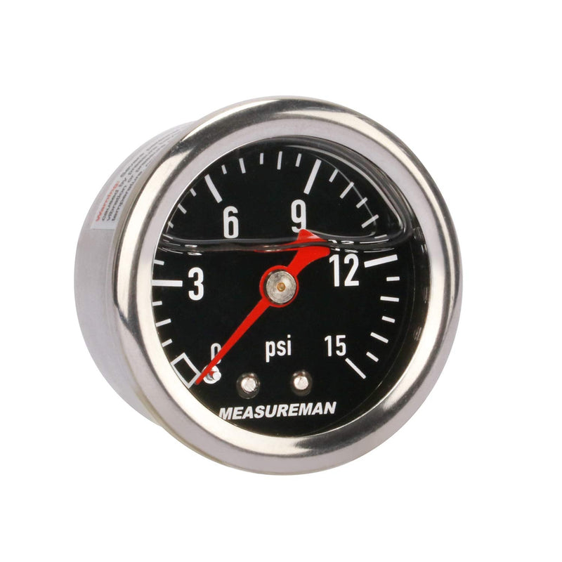 MEASUREMAN 1.5" Black Dial, 304 Stainless Steel case, Liquid Filled Fuel Pressure Gauge, 0-15Psi, 3-2-3%, 1/8" NPT Center Back Mount Back Mount（Black Dial）