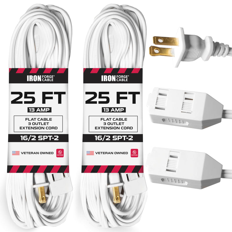 Iron Forge Cable 2 Pack 25 ft White Extension Cord with 3 Outlets - 16/2 SJTW 2 Prong Indoor Extension Cord with Multiple Outlets 25 Foot