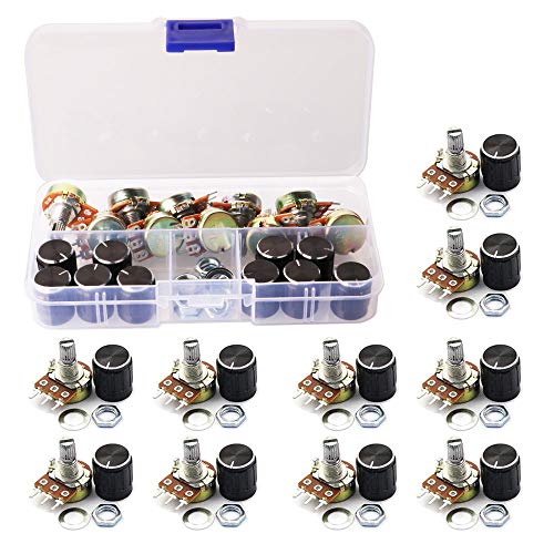 GTIWUNG Pack of 10 Linear Potentiometers Mono Linear B10K Single Potentiometer WH148 3-Pin Rotary Potentiometer with Nuts and Washer, Black Aluminum Alloy Knob Cap Pack of 10 potentiometers B10K